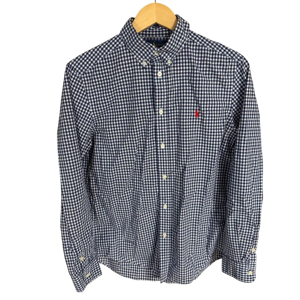 Ralph Lauren Boys XL 18-20 Navy White Gingham Button Down Shirt Long Sleeve Pony